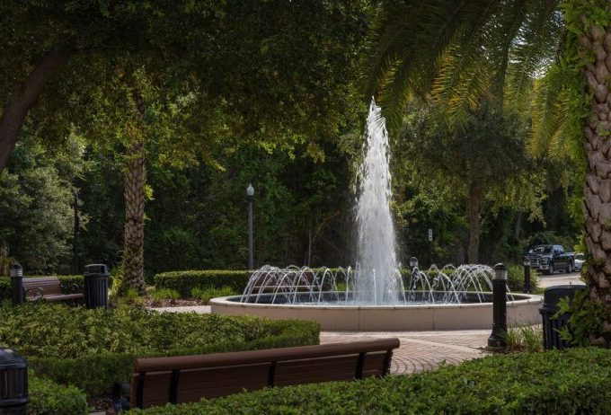 fountain in park at Hacienda Village MHC